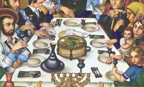 Many of the figures seated around the Seder table pictured in Szyk’s Haggada were portraits of real people at a Seder he attended in Poland not long before World War II, in the house of Rabbi Eliezer Gershon Friedenson