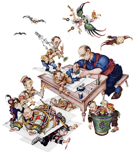 The frontispiece for Szyk’s book Ink and Blood (New York: Heritage Press, 1946). Hitler squirms as he emerges from under the artist’s pen; his propaganda chief, Goebbels, stands on the table holding a microphone; and Goering grovels on the floor. Mussolini, Petain, and Laval languish in the artist’s wastepaper bin