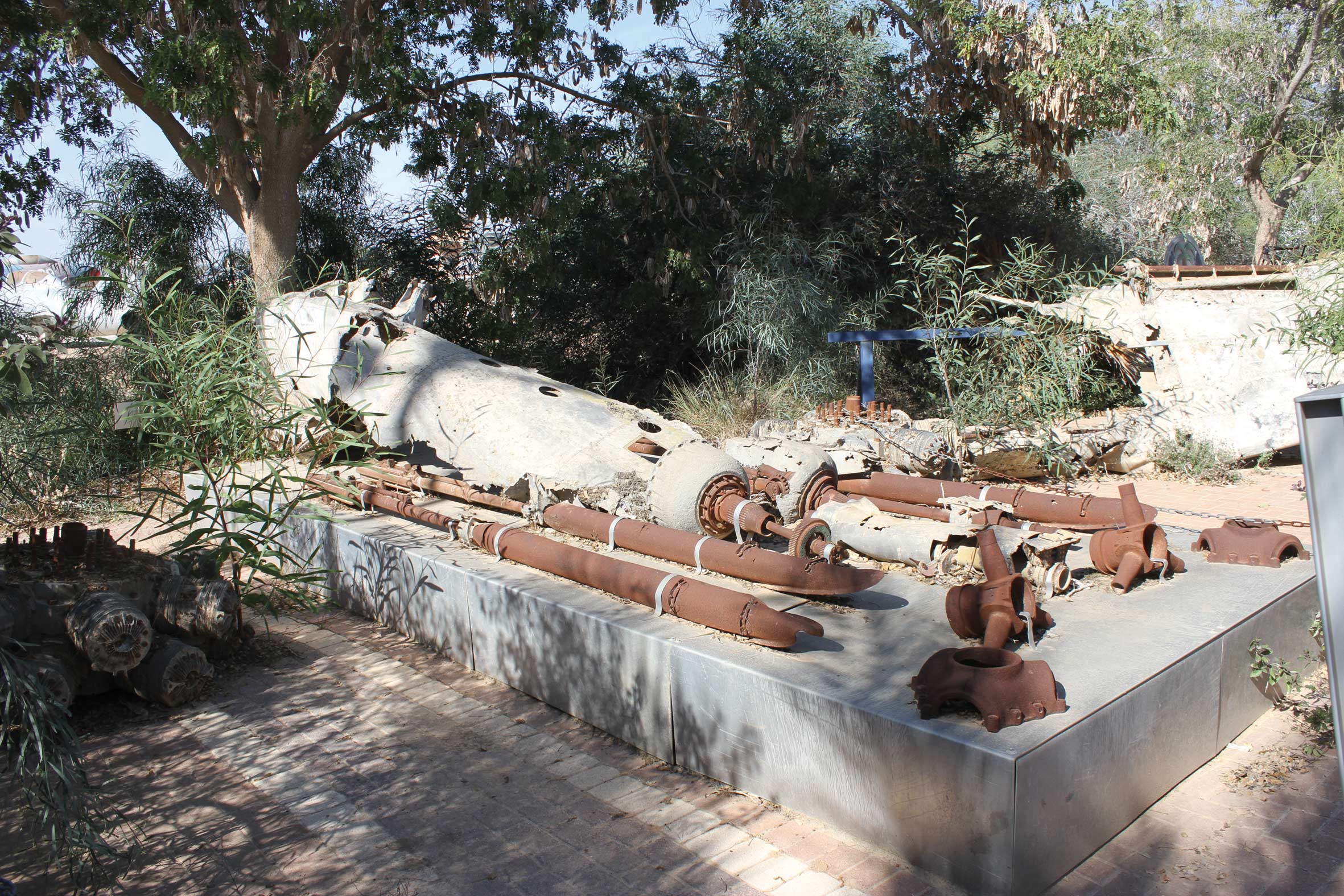All that remains of the Israeli Beaufighter plane that crashed in the Ashdod sand dunes in 1948, incorporated into a monument at the Israeli Air Force Museum
