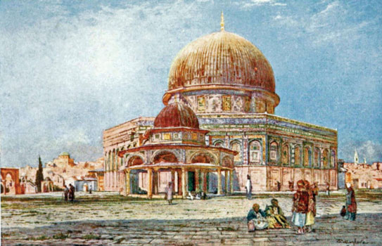 Find the difference. John Fulleylove’s 1895 painting of the Temple Mount (published in The Holy Land by John Kelman, 1902) shows Tiferet Israel in the background at far left, complete with its green roof
