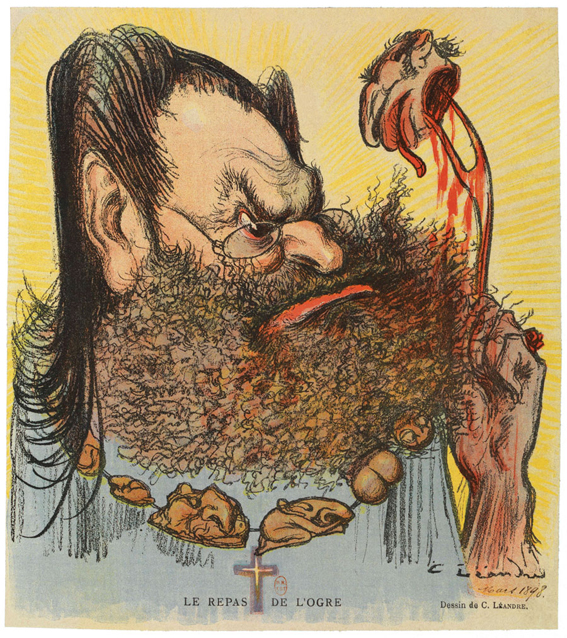 “The Ogre’s Meal.” Caricature of Drumont eating Dreyfus one organ at a time, by Charles Léandre, from the French satirical magazine Le Rire (Laughter), March 5, 1898 