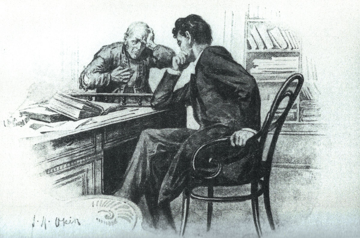 Attempting to assist the exploited working classes in their struggle against their rich employers, Jacob Samuel meets with miner Peter Vednik in his legal office. Illustration by Joseph Michael Okin, 1898