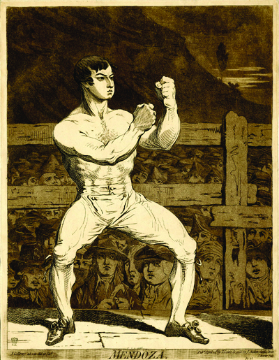 Boxing champion Daniel Mendoza in the ring. Etching by James Gillray, circa 1790, from the British Museum