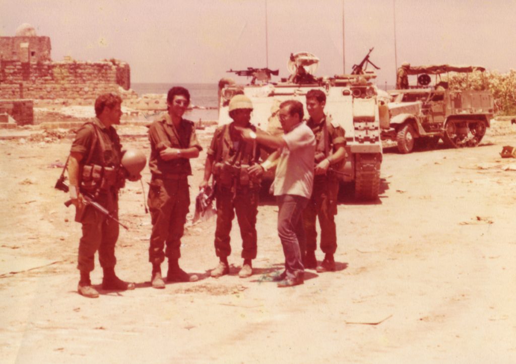 A lone Jew in PLO territory. Yitzhak Halevy with paratroopers. He and his family were later moved to Israel. Third from left: Rafi Gil, deputy battalion commander 