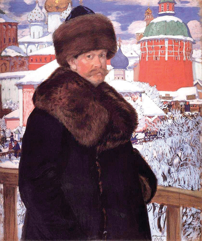 Rozhiner Hasid’s shtreimel? Artist Boris Kustodiev poses outside the Trinity Lavra of St. Sergius Monastery. Self-portrait, oil on canvas, 1912 