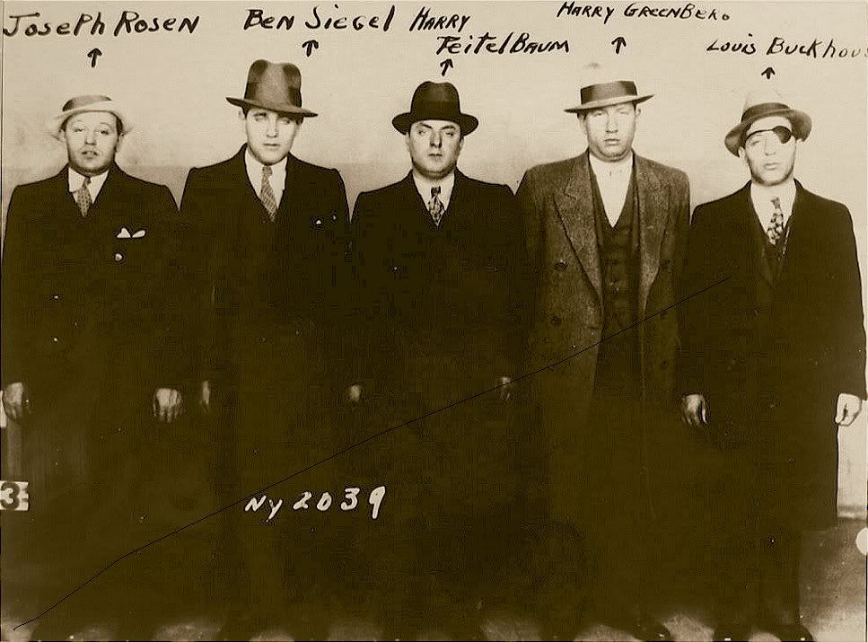 Bugsy Siegel and his men in a mug shot taken during the Hotel Franconia raid, November 1931. Arrested under the infamous “Public Enemy” law, the gangsters were later released for lack of evidence of criminal intent. At the hotel, the Italian and Jewish Mafiosi reputedly entered into a cooperation agreement