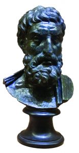 האם המודרניות התעוררה בהשפעתו של פילוסוף יווני מהמאה הרביעית לפסה"נ? פסל ברונזה של אפיקורוס מהתקופה האוגוסטינית שנמצא בעיר החרבה הרקולנאום