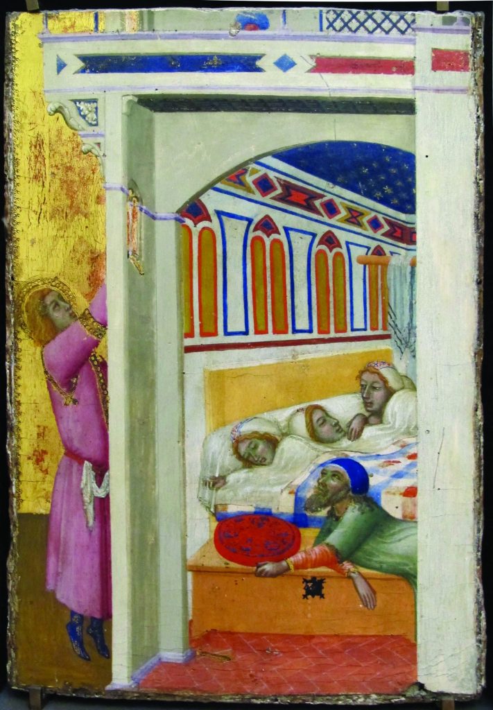 שלוש האחיות במיטה אחת לצד אביהן. ציור המתאר קדוש נוצרי הנותן צדקה בסתר למשפחת עניים. הצדקה של ניקולאס הקדוש, פייטרו לורנצטי, המאה ה-14