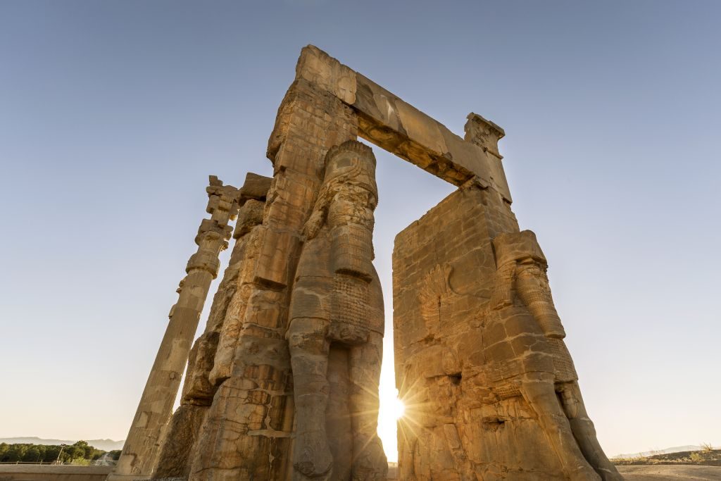 Gate of All Nations at Parsa (Persepolis), built by Xerxes I, easterns entrance guarded by two Lamassu creatures