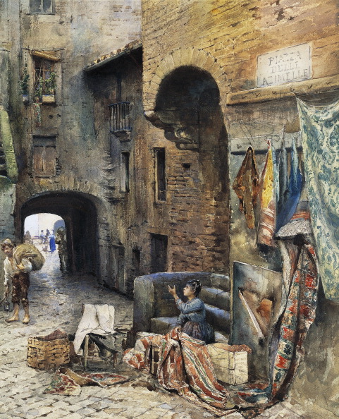בית החולים היהודי הראשון נועד לבודד את הנדבקים במגפה בגטו של רומא. 'כיכר אזימלה בגטו', אטורה רוסלר פרנץ, צבעי מים, 1885