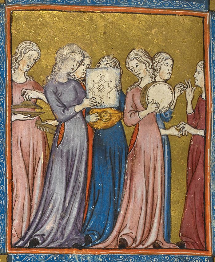 “And Miriam answered them: Sing unto the Lord” (Exodus 15:21). Miriam singing while her companions grasp lute and timbrel; illustration from the Golden Haggada. Unlike the lavishly illustrated haggadas of Spain, which abound with human images despite the biblical prohibition, Yaakov ben Shlomo’s volume from Avignon was embellished only by enlarged, colored lettering