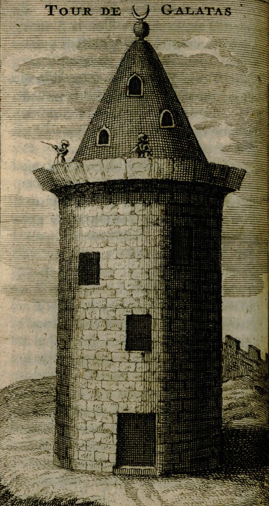 The Galatta Tower, already a landmark of Istanbul when Shabbetai Tzvi visited the city, was built in the 14th century. Etching by Paul Lucas, 1720