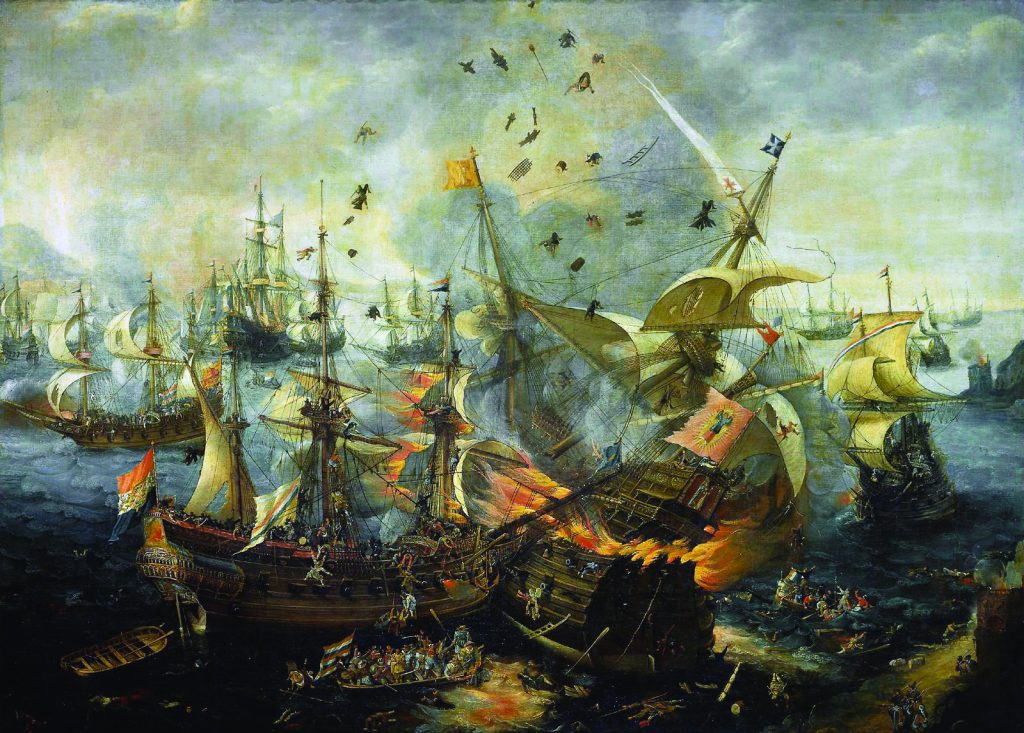 Most of Holland’s major 17th-century battles were fought at sea. Flames envelop a Spanish ship in Battle of Gibraltar 1607