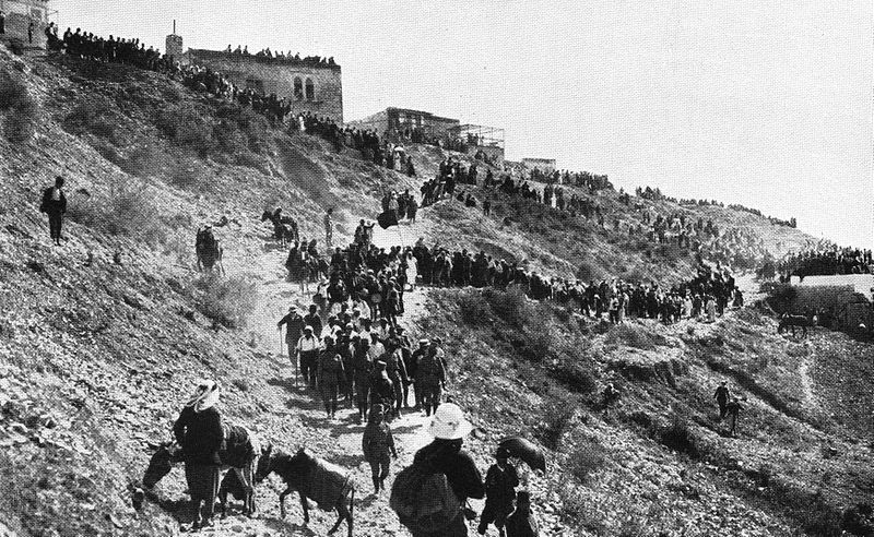 Procession leading to the tomb of Rabbi Shimon bar Yohai on Mount Meron, circa 1920