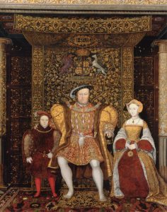המלך הנרי רצה להתגרש מאשתו ולכן הקים באנגליה כנסייה בעלת אופי פרוטסטנטי. הנרי השמיני לצד אשתו ובנו, פרט מציור, 1545
