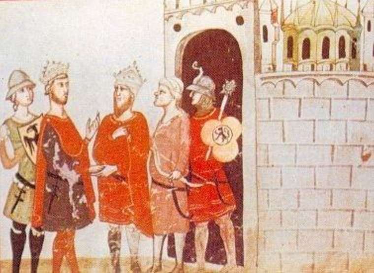 Friedrich II meets Sultan al-Kamil to conclude the treaty of Jaffa. 14th century chronicle illustrated by Giovanni Villani