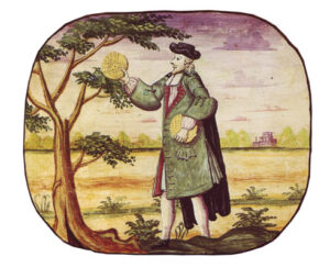 איור של סופר הסת"ם אורי פייבוש מתוך הגדת קופנהגן. צבעי מים על קלף, 1739 באדיבות ארי גרינספן