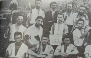 The He-halutz pioneer training program in Mukačevo, with Langer, its leader, standing first at right, 1920