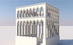 Computer imaging pieced together limestone fragments for a provisional reconstruction positioned where the original reader’s platform stood | Courtesy of the Cologne Municipality, the MiQua-LVR Museum, Darmstadt Technical University, and Architectura Virtualis GmbH 
