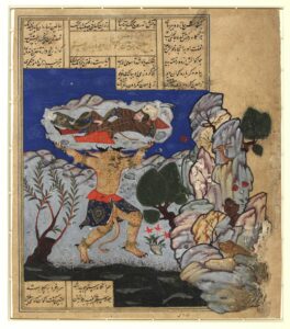 Zoroastrian belief in demons and evil spirits penetrated Islam via Judaism. Shahnameh illustration in which the demon Akvan casts Zal’s son Rustam into the sea | Courtesy of the Library of Congress Collection
