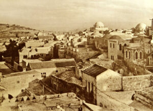 Dinowitz’s store was right beside the Hurva Synagogue, the domed building at top right in this view of the Old City before 1948