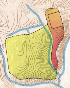 Contour lines show the height differences between the Western Hill (yellow), City of David (red), and Temple Mount (orange). Once all three elements were encompassed by Hezekiah’s city wall, spring water could be channeled into Jerusalem. Today’s Old City was built much later, most of it just north of biblical Jerusalem