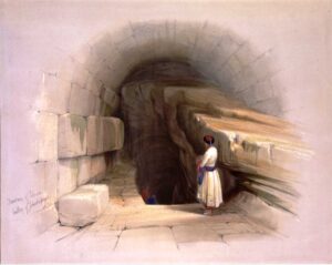 Jerusalem’s ruins fired European travelers’ imaginations. Descent to the Gihon Spring, watercolor print based on a painting by David Roberts, 1842 | Library of Congress Collection
