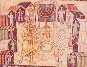 The murals reflect not only the biblical text but midrashic commentaries. Twelve streams, one for each tribe, flow from the rock struck by Moses in the desert | Gill/Gillerman slide collection, Yale University