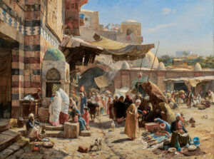Moroccan Jewish immigrants settled outside Jaffa years before the first Zionist pioneers. | Market at Jaffa, Gustav Bauernfeind, oil on canvas, 1887, private collection