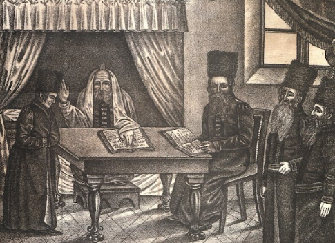 The movement begun by the Ba’al Shem Tov spread rapidly, with new branches and dynasties every generation. Rabbi Yisrael Hopstein, the Maggid of Kozhenits, and his son and successor, Rabbi Moshe Elyakim Beriah, 19th century engraving | Episcopal Library, Sendomeje