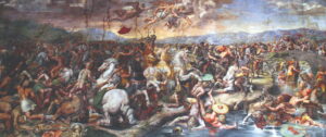 According to legend, Constantine beheld flaming letters before battle and made his troops place these characters on their shields. The Battle of the Milvian Bridge, painted by Raphael’s assistant Giulio Romano after his master’s death, fresco from the Raphael Rooms in the Vatican Museum, circa 1520