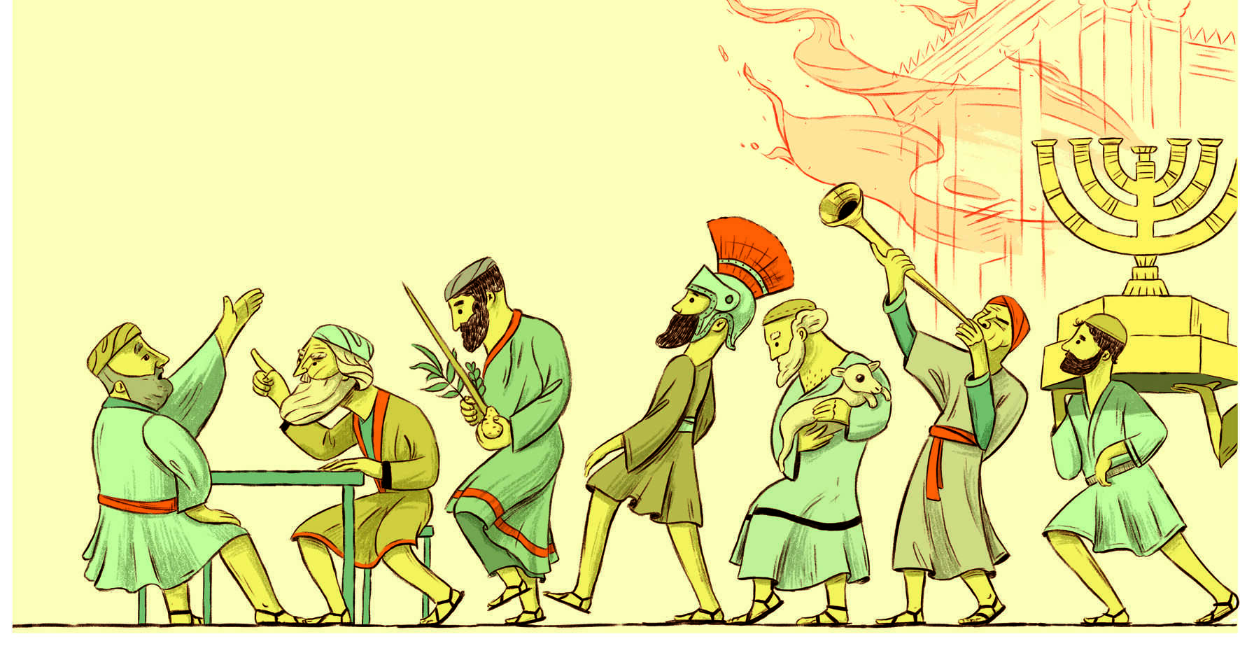 קשה לקבוע האם הופעתה של תרבות חז"ל לאחר החורבן משקפת תגובה לאירועים הקשים, אך תיאורים שונים בדברי חז"ל אכן מציגים את הנהגת חכמים כמענה דתי למשבר | איור: מורן ברק
