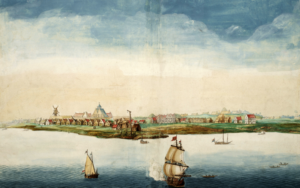 Fleeing Brazil for North America, the conversos’ descendants confronted yet another new world. View of New Amsterdam (today New York), Johannes Vingboons, 1664
